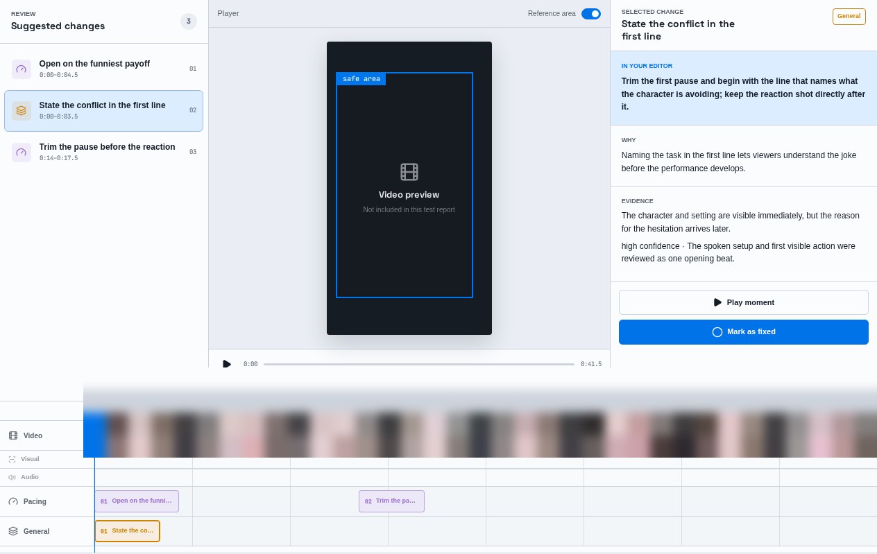 Verifacta clarity suggestion for stating a video's conflict sooner. Every filmstrip face is strongly blurred.