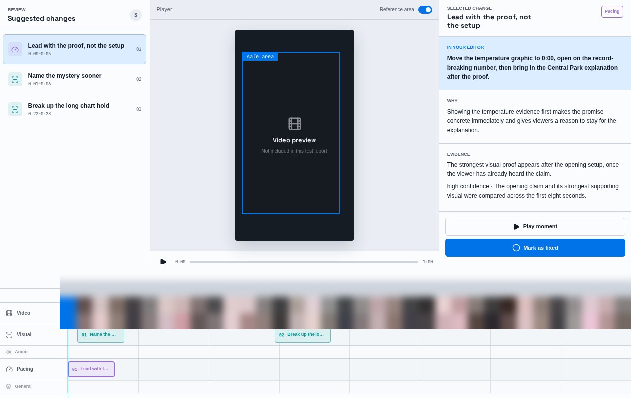 Verifacta opening-hook suggestion with a selected timeline range. Every filmstrip face is strongly blurred.