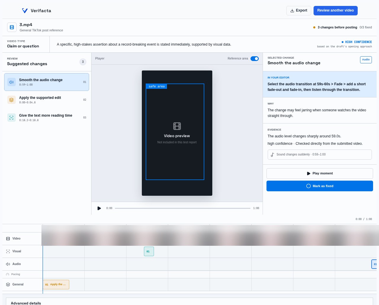 Verifacta review workspace with suggested changes, edit guidance, and a layered timeline. Faces are blurred.