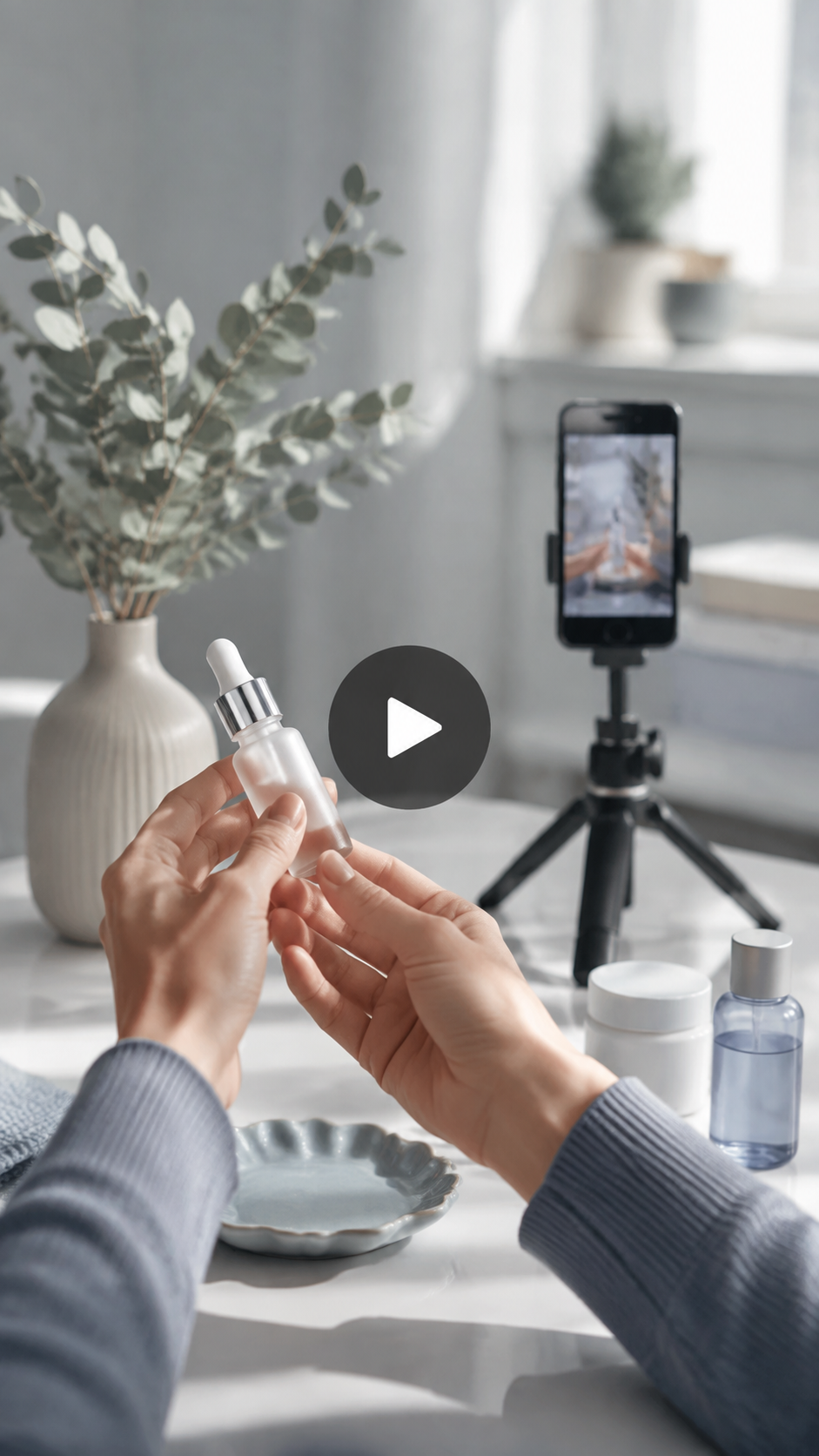 A creator filming a small product on a tabletop with a phone on a tripod.