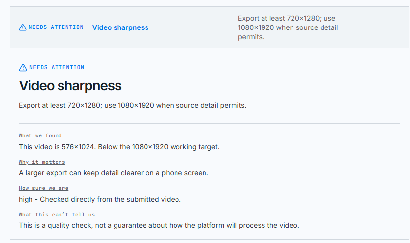 Sample export-quality finding explaining a video resolution check and its limitation.
