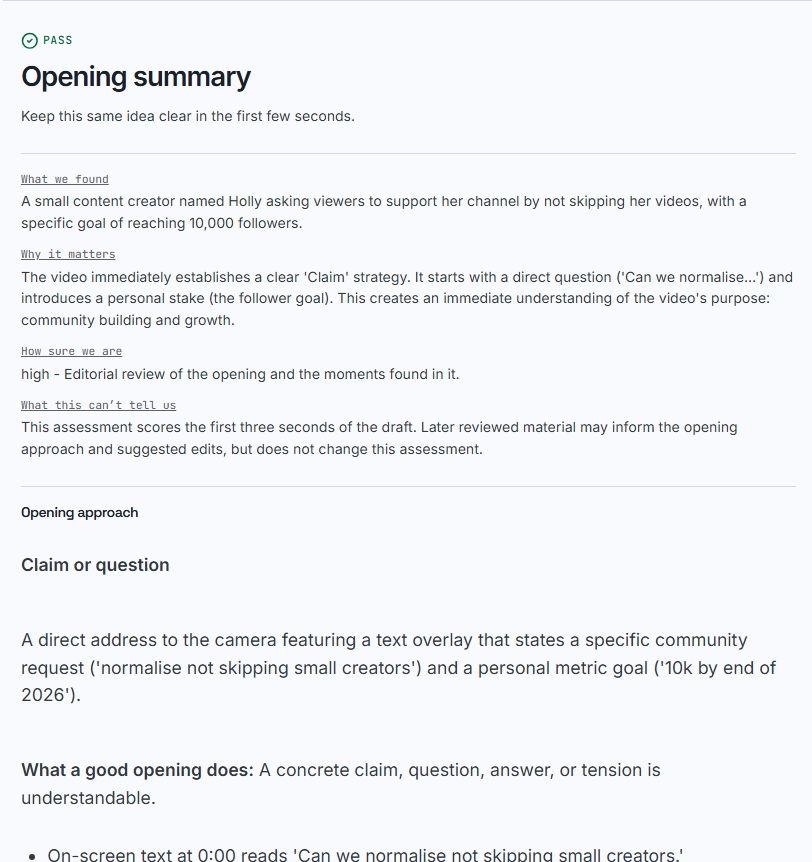 Sample opening summary showing an assessed opening strategy, confidence, and limitations.