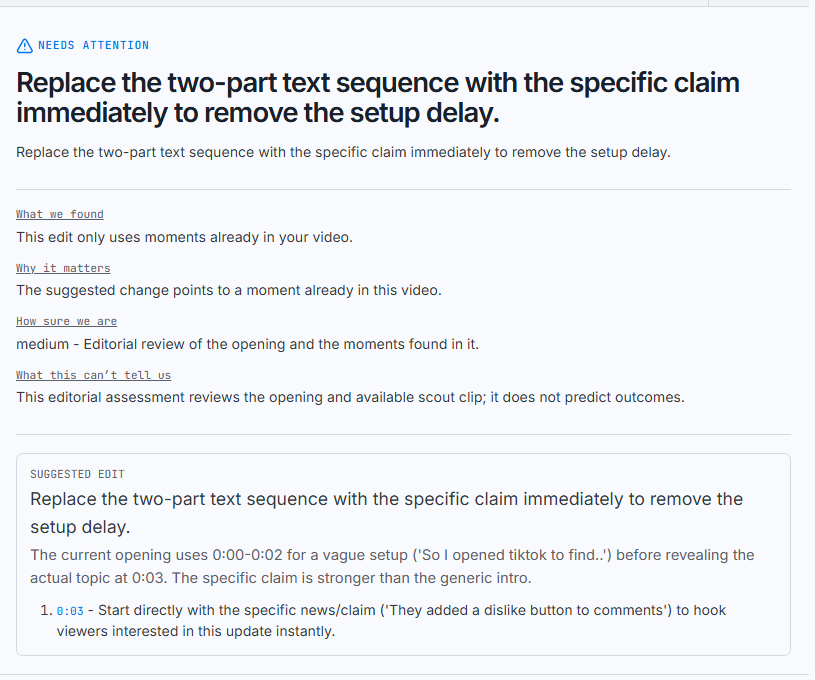 Sample opening edit recommending that the specific claim replace a generic setup.