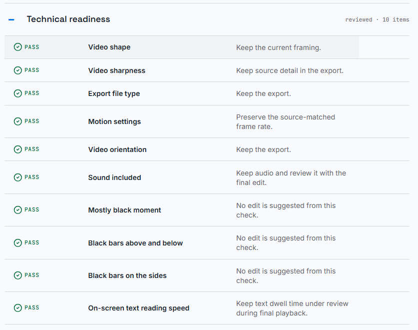 Sample technical readiness checklist with video-shape, motion, sound, and on-screen text checks.